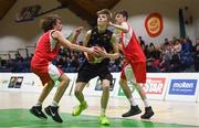 21 January 2019; Ethan McBride of St Pats Navan in action against Josh McCarthy, left, and Conor Finn of Colaiste Muire Crosshaven during the Subway All-Ireland Schools Cup U16 B Boys Final match between St Pats Navan and Colaiste Muire Crosshaven at the National Basketball Arena in Tallaght, Dublin. Photo by David Fitzgerald/Sportsfile