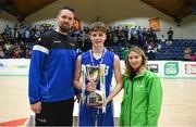 21 January 2019; Jason Killeen from Basketball Ireland, left, and Kirby Axon, Subway Marketing Assistant, present the trophy to Brian Gaffeny of St Joseph's Bish, Galway following the Subway All-Ireland Schools Cup U16 A Boys Final match between Calasantius College and St Joseph's Bish Galway at the National Basketball Arena in Tallaght, Dublin. Photo by David Fitzgerald/Sportsfile