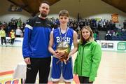 21 January 2019; Jason Killeen from Basketball Ireland, left, and Kirby Axon, Subway Marketing Assistant, present the MVP award to Brian Gaffeny of St Joseph's Bish, Galway following the Subway All-Ireland Schools Cup U16 A Boys Final match between Calasantius College and St Joseph's Bish Galway at the National Basketball Arena in Tallaght, Dublin. Photo by David Fitzgerald/Sportsfile