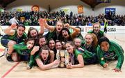 22 January 2019; The St Louis Carrickmacross team celebrate with the cup after the Subway All-Ireland Schools Cup U19 C Girls Final match between St Louis Carrickmacross and Laurel Hill Limerick at the National Basketball Arena in Tallaght, Dublin. Photo by Brendan Moran/Sportsfile