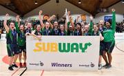 22 January 2019; The St Louis Carrickmacross team celebrate with the cup after the Subway All-Ireland Schools Cup U19 C Girls Final match between St Louis Carrickmacross and Laurel Hill Limerick at the National Basketball Arena in Tallaght, Dublin. Photo by Brendan Moran/Sportsfile