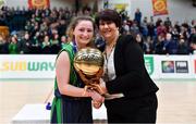 22 January 2019; St Louis Carrickmacross captain Áine Loughman is presented with the MVP by President of Basketball Ireland Theresa Walsh after the Subway All-Ireland Schools Cup U19 C Girls Final match between St Louis Carrickmacross and Laurel Hill Limerick at the National Basketball Arena in Tallaght, Dublin. Photo by Brendan Moran/Sportsfile