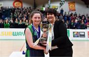 22 January 2019; St Louis Carrickmacross captain Áine Loughman is presented with the cup by President of Basketball Ireland Theresa Walsh after the Subway All-Ireland Schools Cup U19 C Girls Final match between St Louis Carrickmacross and Laurel Hill Limerick at the National Basketball Arena in Tallaght, Dublin. Photo by Brendan Moran/Sportsfile