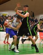 22 January 2019; Scott Hannigan of Gael Cholaiste Mhuire in action against Daire Kennelly of Mercy Mounthawk during the Subway All-Ireland Schools Cup U19 A Boys Final match between Mercy Mounthawk and Gael Cholaiste Mhuire AG at the National Basketball Arena in Tallaght, Dublin. Photo by Brendan Moran/Sportsfile