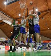 22 January 2019; James Collins and Scott Hannigan of Gael Cholaiste Mhuire in action against Daire Kennelly and Leeroy Odiahi of Mercy Mounthawk during the Subway All-Ireland Schools Cup U19 A Boys Final match between Mercy Mounthawk and Gael Cholaiste Mhuire AG at the National Basketball Arena in Tallaght, Dublin. Photo by Brendan Moran/Sportsfile