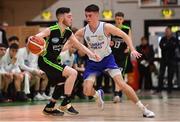 22 January 2019; Philip Corkery of Mercy Mounthawk in action against Scott Hannigan of Gael Cholaiste Mhuire during the Subway All-Ireland Schools Cup U19 A Boys Final match between Mercy Mounthawk and Gael Cholaiste Mhuire AG at the National Basketball Arena in Tallaght, Dublin. Photo by Brendan Moran/Sportsfile