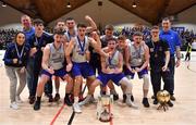 22 January 2019; The Gael Cholaiste Mhuire team celebrate with the cup after the Subway All-Ireland Schools Cup U19 A Boys Final match between Mercy Mounthawk and Gael Cholaiste Mhuire AG at the National Basketball Arena in Tallaght, Dublin. Photo by Brendan Moran/Sportsfile