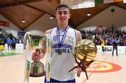 22 January 2019; Captain and MVP James Hannigan of Gael Cholaiste Mhuire with the cup after the Subway All-Ireland Schools Cup U19 A Boys Final match between Mercy Mounthawk and Gael Cholaiste Mhuire AG at the National Basketball Arena in Tallaght, Dublin. Photo by Brendan Moran/Sportsfile