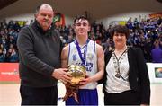 22 January 2019; Gael Cholaiste Mhuire captain James Hannigan is presented with the MVP by CEO Basketball Ireland Bernard O'Byrne and President of Basketball Ireland Theresa Walsh after the Subway All-Ireland Schools Cup U19 A Boys Final match between Mercy Mounthawk and Gael Cholaiste Mhuire AG at the National Basketball Arena in Tallaght, Dublin. Photo by Brendan Moran/Sportsfile