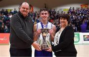 22 January 2019; Gael Cholaiste Mhuire captain James Hannigan is presented with the cup by CEO Basketball Ireland bernard O'Byrne and President of Basketball Ireland Theresa Walsh after the Subway All-Ireland Schools Cup U19 A Boys Final match between Mercy Mounthawk and Gael Cholaiste Mhuire AG at the National Basketball Arena in Tallaght, Dublin. Photo by Brendan Moran/Sportsfile