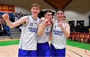 22 January 2019; James Collins, left, Scott Hannigan and James Hannigan, right, of Gael Cholaiste Mhuire celebrate after the Subway All-Ireland Schools Cup U19 A Boys Final match between Mercy Mounthawk and Gael Cholaiste Mhuire AG at the National Basketball Arena in Tallaght, Dublin. Photo by Brendan Moran/Sportsfile