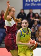 22 January 2019; Shauna Ní Uiginn of Colaiste Ailigh in action against Jana Zundel of Laurel Hill during the Subway All-Ireland Schools Cup U16 C Girls Final match between Colaiste Ailigh, Donegal and Laurel Hill Limerick at the National Basketball Arena in Tallaght, Dublin. Photo by Brendan Moran/Sportsfile