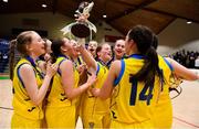 22 January 2019; Colaiste Ailigh captain Annie Nic Giolla Iontóg and her team-mates celebrate with the cup after the Subway All-Ireland Schools Cup U16 C Girls Final match between Colaiste Ailigh, Donegal and Laurel Hill Limerick at the National Basketball Arena in Tallaght, Dublin. Photo by Brendan Moran/Sportsfile