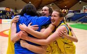 22 January 2019; Kayleigh Nic Aonghusa, right, and Shauna Ní Uiginn of Colaiste Ailigh celebrate with their coach Lynda Nic Aonghusa after the Subway All-Ireland Schools Cup U16 C Girls Final match between Colaiste Ailigh, Donegal and Laurel Hill Limerick at the National Basketball Arena in Tallaght, Dublin. Photo by Brendan Moran/Sportsfile