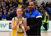 22 January 2019; Colaiste Ailigh captain Annie Nic Giolla Iontóg is presented with the cup by Matthew Hall of Basketball Ireland after the Subway All-Ireland Schools Cup U16 C Girls Final match between Colaiste Ailigh, Donegal and Laurel Hill Limerick at the National Basketball Arena in Tallaght, Dublin. Photo by Brendan Moran/Sportsfile