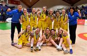 22 January 2019; The Colaiste Ailigh team celebrate with the cup after the Subway All-Ireland Schools Cup U16 C Girls Final match between Colaiste Ailigh, Donegal and Laurel Hill Limerick at the National Basketball Arena in Tallaght, Dublin. Photo by Brendan Moran/Sportsfile