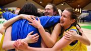 22 January 2019; Kayleigh Nic Aonghusa, right, and Shauna Ní Uiginn of Colaiste Ailigh celebrate with their coach Lynda Nic Aonghusa after the Subway All-Ireland Schools Cup U16 C Girls Final match between Colaiste Ailigh, Donegal and Laurel Hill Limerick at the National Basketball Arena in Tallaght, Dublin. Photo by Brendan Moran/Sportsfile