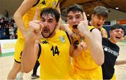 22 January 2019; Colaiste na Coiribe captain Nicky Ó Laighléis celebrates with team-mate Máirtín Ó Conghaile after the Subway All-Ireland Schools Cup U19 B Boys Final match between Colaiste na Coiribe and Colaiste Pobail Beanntrai at the National Basketball Arena in Tallaght, Dublin. Photo by Brendan Moran/Sportsfile