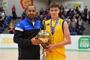 22 January 2019; Cronan Ward of Colaiste na Coiribe is presented with the MVP by Matthew Hall of Basketball Ireland after the Subway All-Ireland Schools Cup U19 B Boys Final match between Colaiste na Coiribe and Colaiste Pobail Beanntrai at the National Basketball Arena in Tallaght, Dublin. Photo by Brendan Moran/Sportsfile