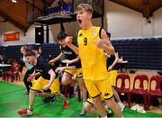 22 January 2019; Cian Ó hIarnáin of Colaiste na Coiribe and his team-mates celebrate at the final buzzer of the Subway All-Ireland Schools Cup U19 B Boys Final match between Colaiste na Coiribe and Colaiste Pobail Beanntrai at the National Basketball Arena in Tallaght, Dublin. Photo by Brendan Moran/Sportsfile