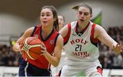 23 January 2019; Eve Hannigan of St Vincent’s SS, Cork, in action against Bronagh Power Cassidy of Holy Faith Clontarf during the Subway All-Ireland Schools Cup U19 A Girls Final match between Holy Faith Clontarf and St Vincent's SS, Cork, at the National Basketball Arena in Tallaght, Dublin. Photo by Piaras Ó Mídheach/Sportsfile