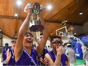 23 January 2019; Francis Custodio of Le Chéile Tyrellstown celebrates with the trophy after the Subway All-Ireland Schools Cup U16 C Boys Final match between Le Chéile Tyrellstown and Mount St Michael Rosscarbery at the National Basketball Arena in Tallaght, Dublin. Photo by Piaras Ó Mídheach/Sportsfile
