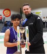 23 January 2019; Le Chéile Tyrellstown captain Bryan Valenzuela is presented with the trophy by Jason Killeen of Basketball Ireland after the Subway All-Ireland Schools Cup U16 C Boys Final match between Le Chéile Tyrellstown and Mount St Michael Rosscarbery at the National Basketball Arena in Tallaght, Dublin. Photo by Piaras Ó Mídheach/Sportsfile