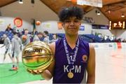 23 January 2019; Bryan Valenzuela of Le Chéile Tyrellstown with his MVP award after the Subway All-Ireland Schools Cup U16 C Boys Final match between Le Chéile Tyrellstown and Mount St Michael Rosscarbery at the National Basketball Arena in Tallaght, Dublin. Photo by Piaras Ó Mídheach/Sportsfile
