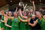 23 January 2019; Coláiste Einde captain Ilena Davoren lifts the cup alongside her team-mates after the Subway All-Ireland Schools Cup U16 A Girls Final match between Coláiste Einde and Pobailscoil Inbhear Sceine Kenmare at the National Basketball Arena in Tallaght, Dublin. Photo by Piaras Ó Mídheach/Sportsfile