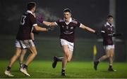 23 January 2019; Cein Darcy of NUI Galway, centre, and team mate Rob Finnerty celebrate their side's first goal during the Electric Ireland Sigerson Cup Round 2 match between Queens University Belfast and NUI Galway at The Dub in Belfast, Co Antrim. Photo by David Fitzgerald/Sportsfile
