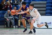 23 January 2019; Bryan Valenzuela of Le Chéile Tyrellstown in action against Peader O'Rourke of Mount St Michael Rosscarbery during the Subway All-Ireland Schools Cup U16 C Boys Final match between Le Chéile Tyrellstown and Mount St Michael Rosscarbery at the National Basketball Arena in Tallaght, Dublin. Photo by Piaras Ó Mídheach/Sportsfile