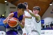 23 January 2019; Francis Custodio of Le Chéile Tyrellstown in action against Ciaran Santry and Darragh Calnan, behind, of Mount St Michael Rosscarbery during the Subway All-Ireland Schools Cup U16 C Boys Final match between Le Chéile Tyrellstown and Mount St Michael Rosscarbery at the National Basketball Arena in Tallaght, Dublin. Photo by Piaras Ó Mídheach/Sportsfile