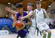 23 January 2019; Francis Custodio of Le Chéile Tyrellstown in action against Ciaran Santry, centre, and Darragh Calnan of Mount St Michael Rosscarbery during the Subway All-Ireland Schools Cup U16 C Boys Final match between Le Chéile Tyrellstown and Mount St Michael Rosscarbery at the National Basketball Arena in Tallaght, Dublin. Photo by Piaras Ó Mídheach/Sportsfile