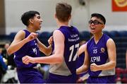 23 January 2019; Le Chéile Tyrellstown players, from left, Nabil Miah, Nik Shautsou, and Renso Guilalas celebrate after the Subway All-Ireland Schools Cup U16 C Boys Final match between Le Chéile Tyrellstown and Mount St Michael Rosscarbery at the National Basketball Arena in Tallaght, Dublin. Photo by Piaras Ó Mídheach/Sportsfile