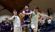 23 January 2019; Bryan Valenzuela of Le Chéile Tyrellstown in action against Darragh Calnan, and Peader O'Rourke of Mount St Michael Rosscarbery during the Subway All-Ireland Schools Cup U16 C Boys Final match between Le Chéile Tyrellstown and Mount St Michael Rosscarbery at the National Basketball Arena in Tallaght, Dublin. Photo by Piaras Ó Mídheach/Sportsfile