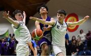 23 January 2019; Bryan Valenzuela of Le Chéile Tyrellstown in action against Darragh Calnan, and Peader O'Rourke of Mount St Michael Rosscarbery during the Subway All-Ireland Schools Cup U16 C Boys Final match between Le Chéile Tyrellstown and Mount St Michael Rosscarbery at the National Basketball Arena in Tallaght, Dublin. Photo by Piaras Ó Mídheach/Sportsfile