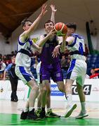 23 January 2019; Colm O'Reilly of Waterpark in action against St Brendan's Belmullet players, from left, Sean Lavelle, Leo Howard, and Luke O'Reilly during the Subway All-Ireland Schools Cup U19 C Boys Final match between St Brendan's Belmullet and Waterpark College at the National Basketball Arena in Tallaght, Dublin. Photo by Piaras Ó Mídheach/Sportsfile