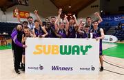 23 January 2019; The Waterpark College squad celebrate with the cup after the Subway All-Ireland Schools Cup U19 C Boys Final match between St Brendan's Belmullet and Waterpark College at the National Basketball Arena in Tallaght, Dublin. Photo by Piaras Ó Mídheach/Sportsfile