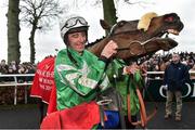 24 January 2019; Davy Russell with Presenting Percy after winning the John Mulhern Galmoy Hurdle after jumping the last during Gowran Park Racing at Gowran Park Racecourse in Kilkenny. Photo by Matt Browne/Sportsfile