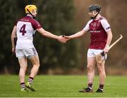 24 January 2019; Rory Hayes of University of Limerick shakes hands with Michael Lynch of N.U.I. Galway following the Electric Ireland Fitzgibbon Cup Group A Round 2 match between  N.U.I. Galway and University of Limerick at the National University of Ireland in Galway. Photo by Harry Murphy/Sportsfile