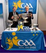 25 January 2019; Pat Culhane, National Development Officer, left, and David Ruddy, President IPPN President, with the Brendan Martin, Liam MacCarthy, Sam Maguire ad Seán O'Duffy cups at the GAA Five Star Centres stand at the Citywest Hotel Convention Centre in Saggart, Co. Dublin. Photo by Piaras Ó Mídheach/Sportsfile