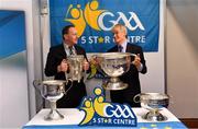 25 January 2019; Pat Culhane, National Development Officer, left, and David Ruddy, President IPPN President, with the Brendan Martin, Liam MacCarthy, Sam Maguire ad Seán O'Duffy cups at the GAA Five Star Centres stand at the Citywest Hotel Convention Centre in Saggart, Co. Dublin. Photo by Piaras Ó Mídheach/Sportsfile