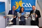 25 January 2019; Dr Gene Mehigan, left, with Dublin ladies footballer Niamh McEvoy, and Pat Culhane, National Development Officer, with the Sam Maguire, Brendan Martin, Seán O'Duffy and Liam MacCarthy Cups at the GAA Five Star Centres stand at the Citywest Hotel Convention Centre in Saggart, Co. Dublin. Photo by Piaras Ó Mídheach/Sportsfile