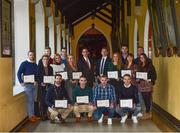 25 January 2019; In attendance, from left, Donal McElligot, Longford football, Valrie Mulcahy, Cork football, Mark Hayes, Cavan hurling, Laura Tracy Cork camogie, Clare Owens, Leitrim football, Prof. Aidan Mulkeen from NUI Maynooth, Paul Flynn, GPA CEO, Jennifer Rogers, Westmeath football, Eoghan Ruth Carlow football, Sinead Delahunty, Tipperary football, Luke Keaney, Donegal football, Roisin McMahon, Clare camogie, front row, from left, Neil McManus, Antrim hurling, Martin Fitzgerald, Kildare hurling, Moel McGrath, Tipperary Hurling and Shane Nolan Louth hurling, in attendance during the Jim Madden GPA Leadership Programme 2019 Graduation at NUI Maynooth in Maynooth, Co. Kildare. Photo by Matt Browne/Sportsfile