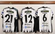 25 January 2019; The jerseys of Dundalk players, from left, Daniel Cleary, Georgie Kelly and new signing Jordan Flores hang in the dressing room prior to the Jim Malone Cup match between Dundalk and Drogheda United at Oriel Park in Dundalk, Co. Louth. Photo by Seb Daly/Sportsfile