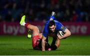 25 January 2019; Conor O'Brien of Leinster is tackled by Kieran Hardy of Scarlets during the Guinness PRO14 Round 14 match between Leinster and Scarlets at the RDS Arena in Dublin. Photo by Ramsey Cardy/Sportsfile