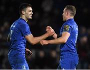 25 January 2019; Rory O’Loughlin, right, of Leinster celebrates after scoring his side's first try with teammate Conor O’Brien during the Guinness PRO14 Round 14 match between Leinster and Scarlets at the RDS Arena in Dublin. Photo by Harry Murphy/Sportsfile