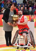25 January 2019; Rebel Wheelers captain Paul Ryan is presented with the MVP by President of Basketball Ireland Theresa Walsh after the Hula Hoops IWA Cup Final match between Ballybrack Bulls and Rebel Wheelers at the National Basketball Arena in Tallaght, Dublin. Photo by Brendan Moran/Sportsfile