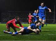 25 January 2019; Barry Daly of Leinster dives over to score his side's third try during the Guinness PRO14 Round 14 match between Leinster and Scarlets at the RDS Arena in Dublin. Photo by Ramsey Cardy/Sportsfile