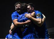 25 January 2019; Barry Daly of Leinster celebrates with team-mate Max Deegan, left, and Conor O'Brien, right, after scoring his side's third try  during the Guinness PRO14 Round 14 match between Leinster and Scarlets at the RDS Arena in Dublin. Photo by Ramsey Cardy/Sportsfile